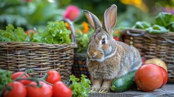 ai generato coniglio seduta nel davanti di verdure foto