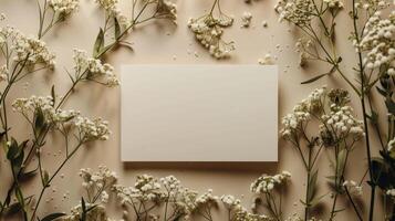 ai generato modello di un' nozze invito carta con naturale eucalipto e bianca gypsophila pianta ramoscelli. il vuoto carta modello è impostato contro un' beige sfondo. foto