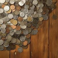 ai generato moneta Schermo mucchio di monete disposte su un' di legno tavolo per sociale media inviare dimensione foto