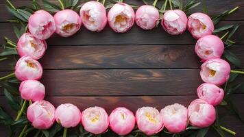 ai generato floreale telaio di rosa peonie su di legno sfondo, styled foto