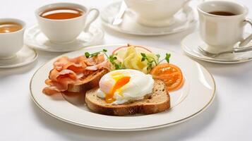 ai generato inglese prima colazione presentazione, con ordinatamente disposte ingredienti su un' bianca piatto foto