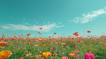 ai generato un' minimalista tiro di un' vivace fiore campo, con colorato fioriture allungamento per il orizzonte foto