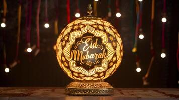ai generato intricato lampada ornato con eid mubarak sceneggiatura, radiante eleganza foto
