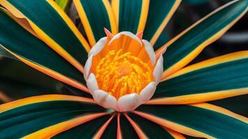 ai generato vicino su foto di tropicale fiore con vivido giallo arancia le foglie