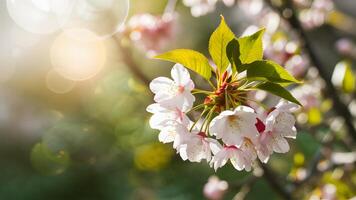 ai generato primavera ciliegia fiorire con verde foglie, sole leggero bokeh foto