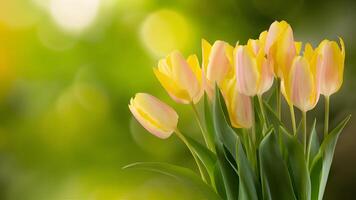 ai generato sfocato natura verde sfondo complementi giallo tulipani mazzo foto