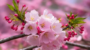ai generato rosa ciliegia fiorire scena vetrine bellissimo sakura fiore nel pieno fioritura foto