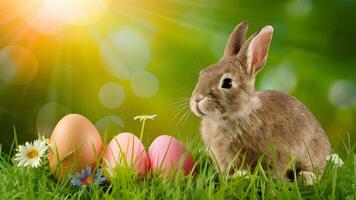 ai generato immagine stock soleggiato Pasqua sfondo con coniglietto, uova, fiori, erba, e bokeh foto