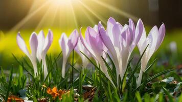 ai generato sorprendente luce del sole su fioritura primavera fiori con croco, natura foto