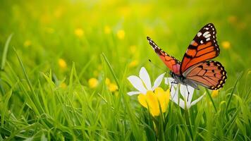 ai generato Pasqua primavera sfondo con fresco farfalla e giallo verde erba foto
