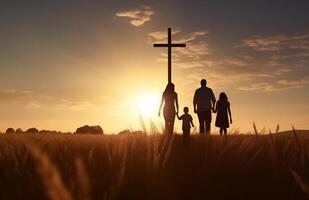ai generato silhouette di un' famiglia a piedi attraverso il campo, con un vuoto attraversare nel il sfondo foto