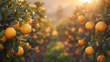 ai generato un' agrume boschetto, con righe di arancia e Limone alberi allungamento in il distanza foto
