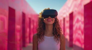 ai generato donna indossare rosa virtuale bicchieri foto