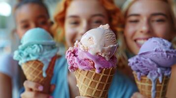 ai generato un' delizioso Immagine di persone godendo colorato scoop di ghiaccio crema su un' caldo giorno foto