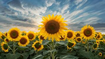 ai generato pic artistico raffigurazione di girasoli sotto un' vasto nuvoloso cielo foto