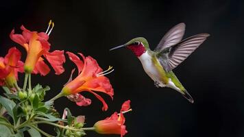 ai generato catturare buio sfondo con rubino gola colibrì nel volo vicino fiore foto