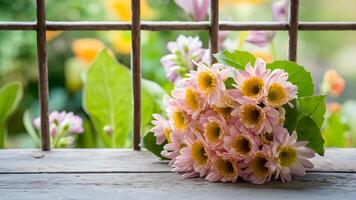 ai generato soggetto di legno tavolo superiore con sfocato finestra giardino fiore sfondo foto