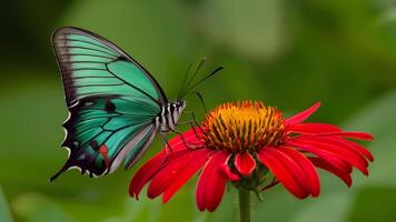 ai generato scena alto nitidezza Immagine di Smeraldo verde farfalla su rosso fiore foto