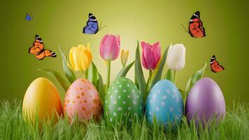 ai generato immagine stock Pasqua sfondo con colorato uova, primavera tulipani, farfalle foto