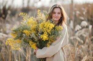 ai generato donna con giallo fiori selvatici foto