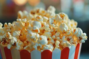 ai generato a strisce scatola pieno con Popcorn foto