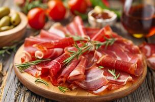 ai generato affettato prosciutto su un' tavola foto