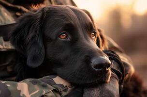 ai generato un' nero cane con riflessivo occhi foto