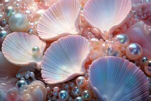 ai generato olografico perle e conchiglie sfondo, olografico perle e conchiglie sfondo, olografico perle sfondo, olografico conchiglie sfondo, ai generativo foto