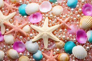 ai generato colorato perle e conchiglie sfondo, perle e conchiglie sfondo, perle sfondo, conchiglie sfondo, ai generativo foto