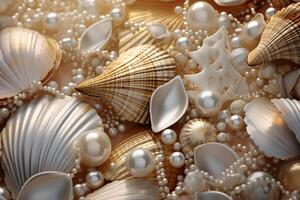 ai generato d'oro perle e conchiglie sfondo, d'oro perle e conchiglie sfondo, d'oro perle sfondo, d'oro conchiglie sfondo, ai generativo foto
