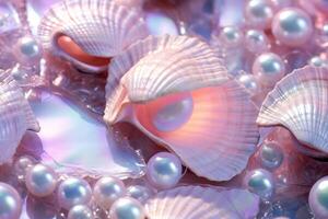 ai generato olografico perle e conchiglie sfondo, olografico perle e conchiglie sfondo, olografico perle sfondo, olografico conchiglie sfondo, ai generativo foto
