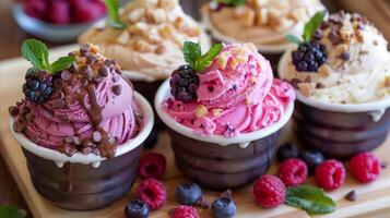 ai generato assortito ghiaccio creme con fresco frutti di bosco e cioccolato foto