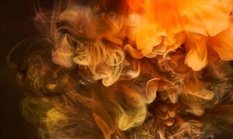 vivace arancia Fumo, astratto turbinii nel nero inchiostro sfondo foto