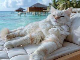 ai generato soddisfatto soffice bianca gatto, godendo il Visualizza, dire bugie su un' lettino su il riva di il Maldive foto