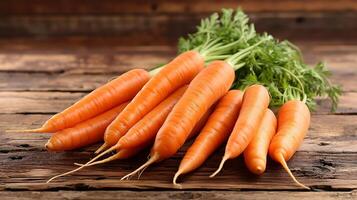 ai generato fresco carote verdura su un' di legno tavolo foto