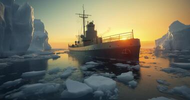 ai generato un' militare nave scolpisce suo sentiero in mezzo artico iceberg come il sole tuffi sotto il orizzonte foto