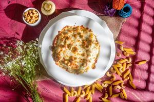 pollo formaggio anacardio noccioline pasta nel un' piatto superiore Visualizza su di legno sfondo foto