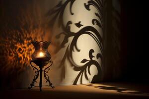 ai generato un' vicino su di un' di candela fiamma getto intricato ombre su un' parete. generativo ai foto