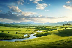 ai generato illuminata dal sole prato e rotolamento colline formatura un' sereno naturale paesaggio. generativo ai foto