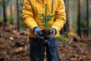 ai generato volontario cullare alberello, foresta avvicinamento foto