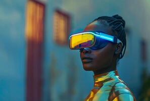 ai generato nero donna nel virtuale la realtà Ingranaggio foto
