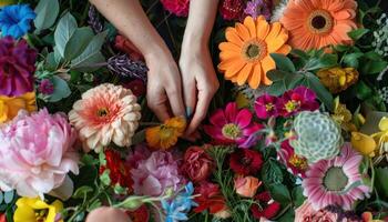 ai generato mani organizzazione colorato fiori su vivace floreale sfondo foto