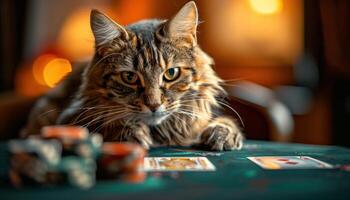 ai generato felino poker viso gatto a gioco d'azzardo tavolo foto