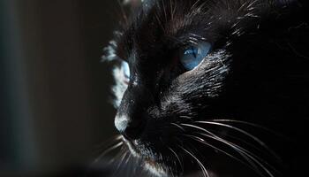 ai generato mistico sguardo avvicinamento di un' nero gatti blu occhio foto