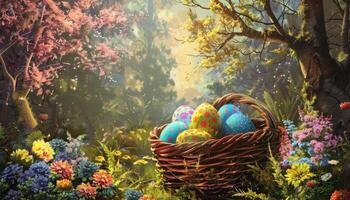 ai generato incantata Pasqua cestino nel magico foresta foto