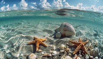 ai generato subacqueo Paradiso con conchiglie e stella marina foto