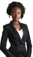 ai generato fiducioso africano donna d'affari su bianca sfondo foto