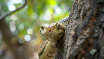 ai generato curioso serpente scrutare a partire dal albero tronco foto