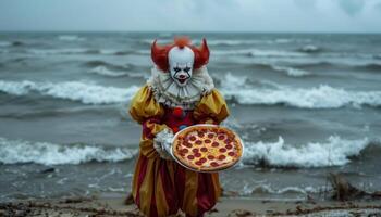 ai generato misterioso clown con Pizza su tempestoso spiaggia foto