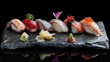 ai generato elegante assortimento di Sushi su nero ardesia foto